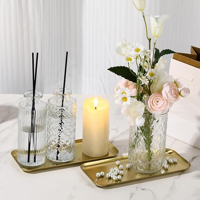 Vesici 12 Pcs 7.87 x 3.35 inches Small Gold Tray Bulk, Stainless Steel Rectangle Serving Trays Trinket Decorative Bathroom Tray for Vanity Jewelry Makeup Towel, Dish Plate Tea Fruit Storage Platter