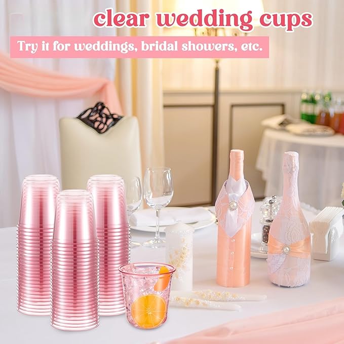 200 Pcs Disposable Stemless Glasses 12oz Crystal Plastic Wine Glasses Clear Classic Pet Cup for Meeting Weddings Birthdays Cocktail Christmas Party Supplies (Pink)