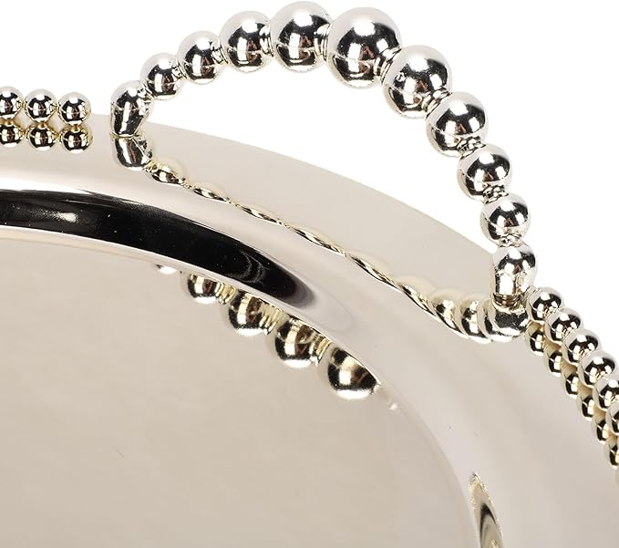12.4 Inch Round Metal Serving Tray with Handles, Silver Iron Fruit Platter for Camping BBQ Picnic, Stackable Party Tray for Grilled Meats Pizza Salads
