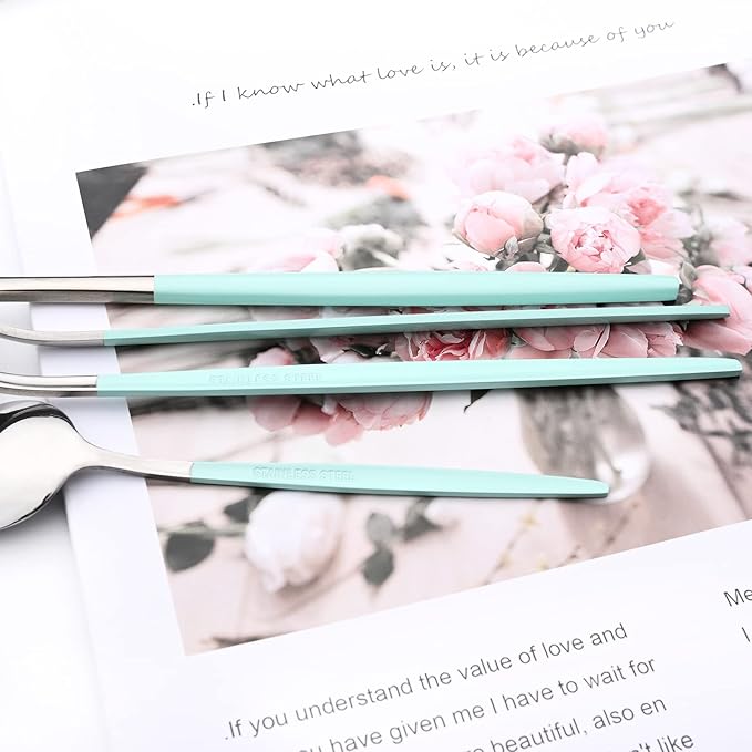 40 Pcs Silverware Set With Teaspoon For 10, Food Grade Stainless Steel Utensils Tableware Set, Elegant & Simple Flatware Serving Set Include Knife Fork Spoon, Mirror (Mint Green Silver)