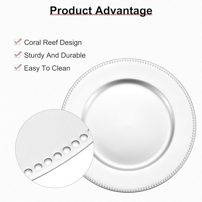 uxcell 10pcs Charger Plates Bulk 13 Inch Plastic Charger Plates Round Plate Chargers for Dinner Wedding Party Event Table Setting Decoration Silver (Pack of 2)