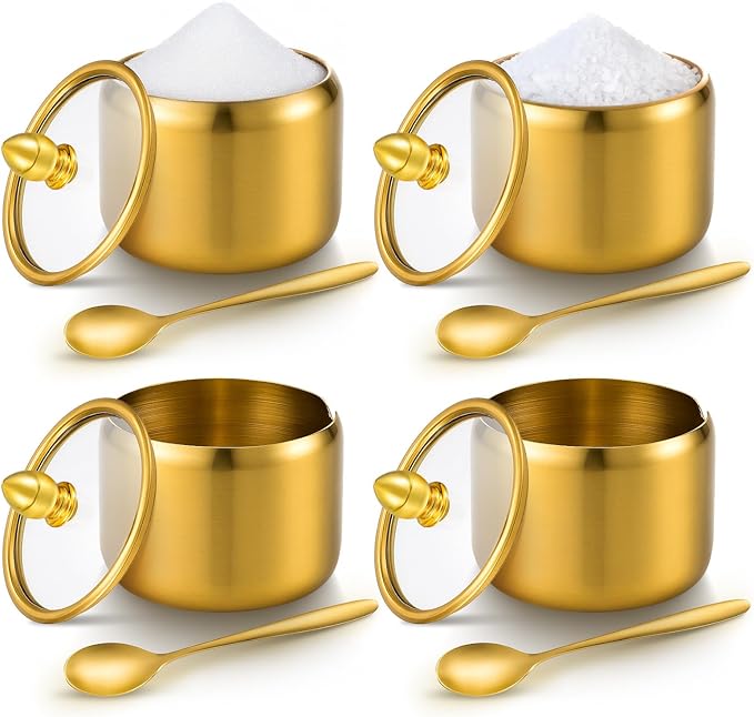 4 Pack 10oz Gold Sugar Bowl with Lid And Spoon, Stainless Steel Sugar Creamer Container Durable Round Jar for Coffee Bar Kitchen Accessories Food Storage Containers, Kitchen Decor Housewarming Gift
