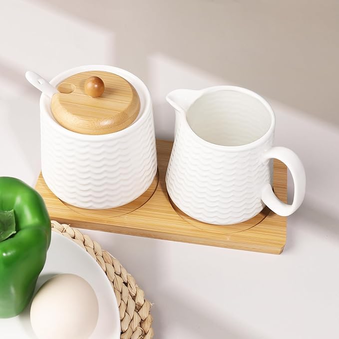 Ceramic Sugar and Creamer Set, Porcelain Coffee Serving Set with Cream Pitcher, Sugar Bowl, Lid & Spoon, 10 Ounce Creamer Container and Sugar Pot (CTNAI231)