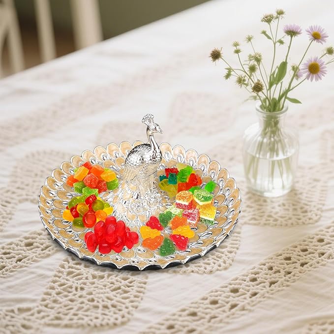 Fruit Dish Cosmetic Tray Peacock Sturdy Snack Storage Plate Vanity Storage Holder Serving Tray for Trinket Jewelry Wedding, Silver Orange Yellow