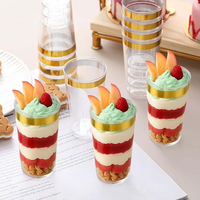 200 Pcs Christmas Dessert Cups with Spoons Small Plastic Goblets Disposable Parfait Pudding, Mousse, Appetizer Cups Set for Fall Thanksgiving Wedding Party(Gold Rim,3 oz,Round)