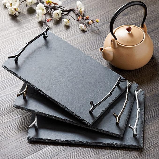 Serving Tray Service Tray Simple Rectangular Retro Branch Handle Dinner Plate Tray Restaurant Exhibition Hall Water Cup Bowl Plate Tray Plate Soft Display Plate Food Serving Tray(Brass)