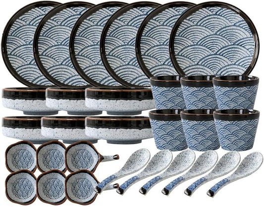 Dinnerware Set,Dinner Plate Ceramics Dinnerware Set,Japanese Style 30 Pieces Porcelain Dinner Set/Sea Ripple Pattern Plates and Bowls Sets Suitable