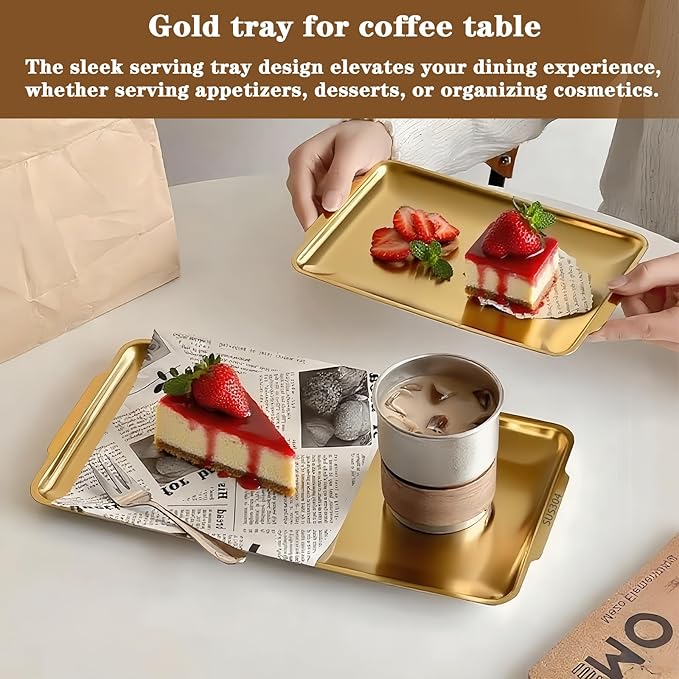 Gold Tray for Coffee Table, 304 Stainless Steel Serving Tray, 8.9" Vanity Organizer Tray for Camping, BBQ, Party, Buffet, Appetizer, Bathroom Supplies