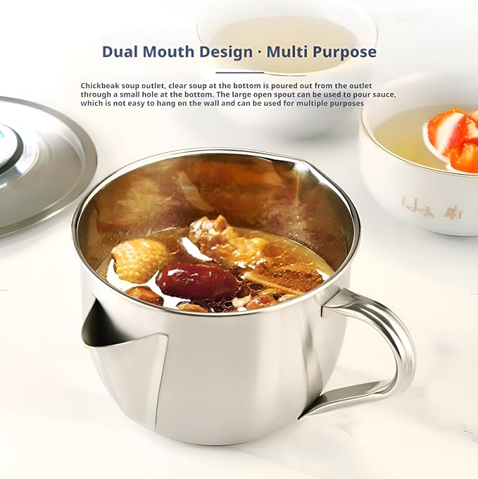 Fat Separator with Dual Spout Design, 304 Stainless Steel Gravy and Sauce Strainer, Oil Strainer with Cool-Touch Handle for Broth, Stew, Hot Pot (M)