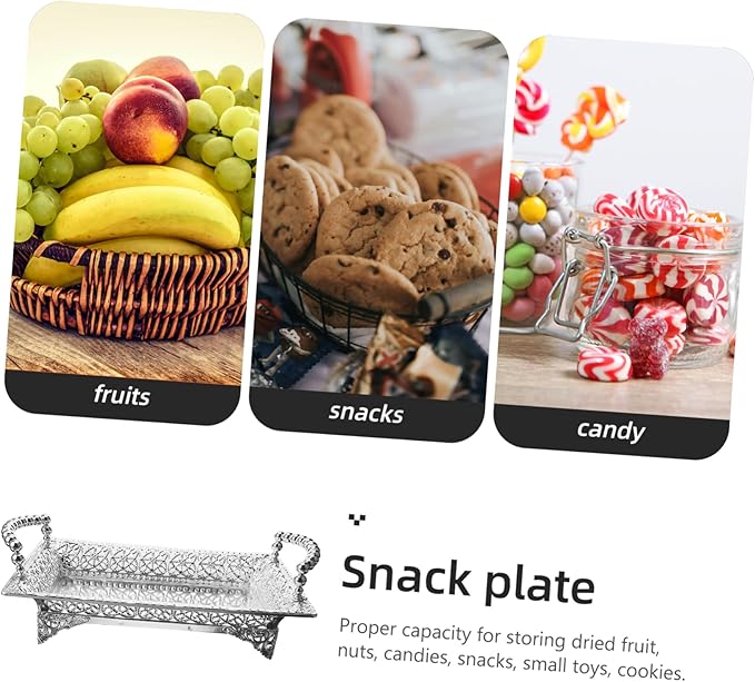 Portable Snack Platter Dried Fruit Bowl Handle Silver Metal Tray Serving Plate