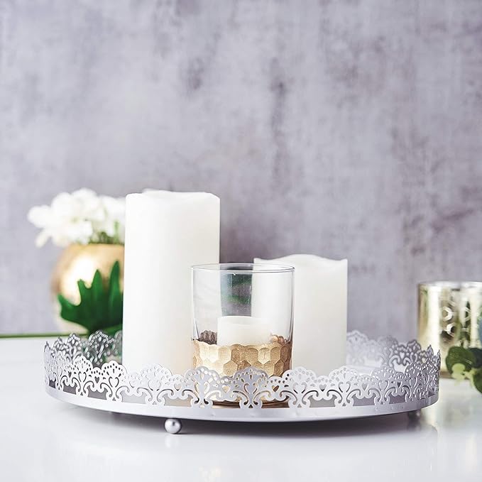 Plastic Round Premium Decorative Serving Tray with Embellished Rims - Silver