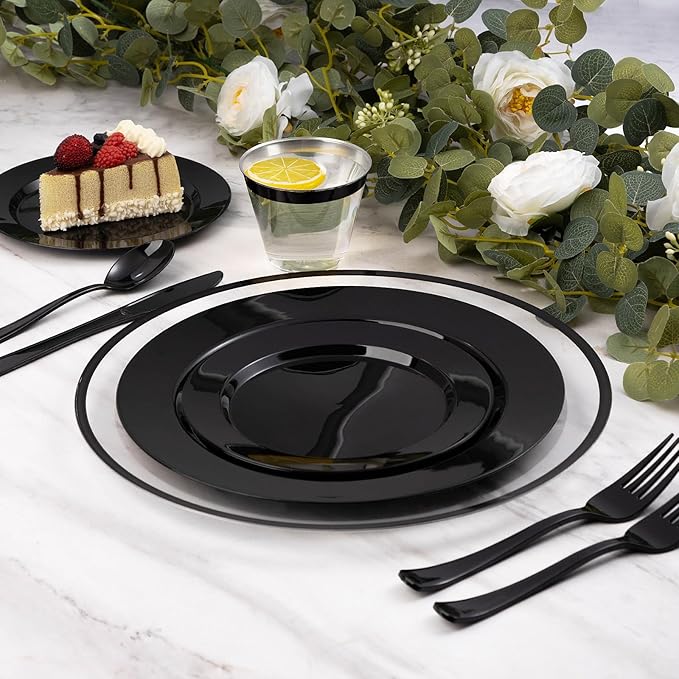 Goodluck 12 Inch Charger Plates, 25 Pack Clear Charger Plates with Black Trim, Plastic Charger Plate Bulk for Dinner, Wedding, Party, Event Decoration, Clear&Black