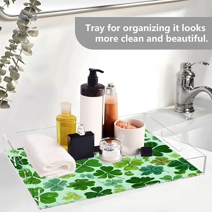 Serving Tray with Handles Clear Acrylic Tray 12x16 Inch Decorative Rectangular Tray Organizer for Ottoman Coffee Table Bathroom Green Nature St Patrick Clovers