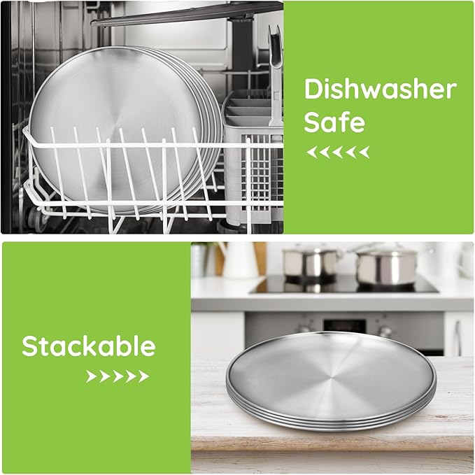 Stainless Steel Plates, 10 Pack 11.8 inch 304(18/8) Metal Food Serving Plate Set, Reusable Snack Eating Dishes Round Shatterproof Plate Silver BBQ Dinner Lunch Dinnerware Oven Dishwasher Safe