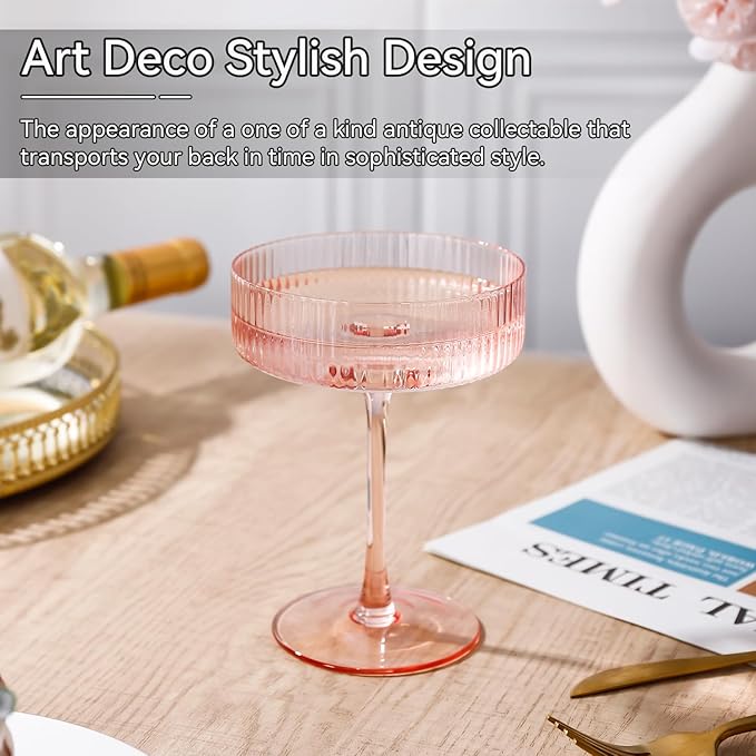 Cyrelwing 9 oz Pink martini glasses Vintage Art Deco Blush Pink Coupe Glasses Set of 6 Pink Ribbed Cocktail Glasses for Espresso Martini, Champagne,Cosmopolitan,Manhattan,Cocktail