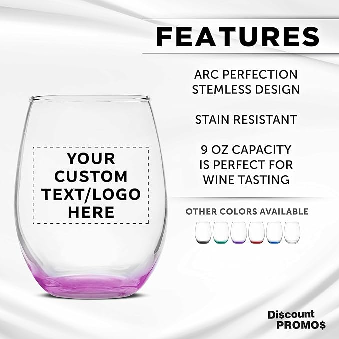 DISCOUNT PROMOS Custom Stemless Wine Glass 9 oz. Set of 10/50/100, Personalized Bulk Pack - Great for Wedding Favors, Bachelorette Party Decorations, Party Favors - Pink