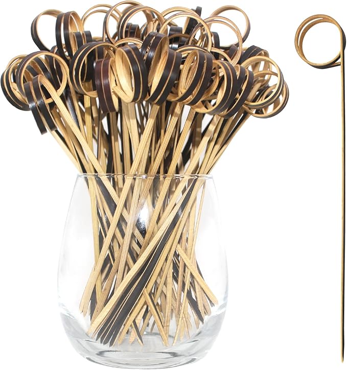 BLUE TOP Bamboo Cocktail Picks 100 PCS Black Bamboo Skewers 4 Inch with Looped Ring,Food Picks,Party Toothpicks for Appetizers,Cocktail Drinks,Barbecue Snacks,Club Sandwiches.
