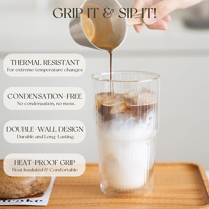 KEMORELA Set of 4 Ribbed Double-Walled Glass Cups, 16 oz / 480 ml Insulated Tumblers for Iced Coffee, Latte, Matcha, Smoothies & Bubble Tea – Clear Vertical Stripe Glassware, Dishwasher Safe