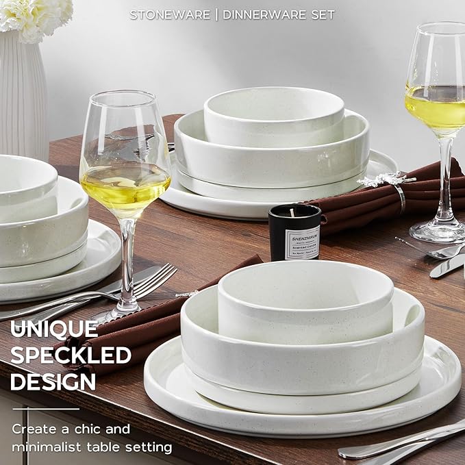 Stoneware Dinnerware Sets for 4 with Pasta Bowl, Onader 16 Piece Plates and Bowls Dish Set, Speckled Kitchen Dishware Dining Ware, Microwave & Dishwasher Safe - Cloud White