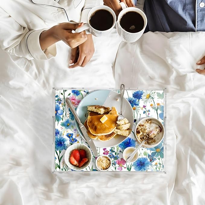 Serving Tray with Handles Clear Acrylic Tray 12x16 Inch Decorative Rectangular Tray Organizer for Ottoman Coffee Table Bathroom Watercolor Cornflower Daisy