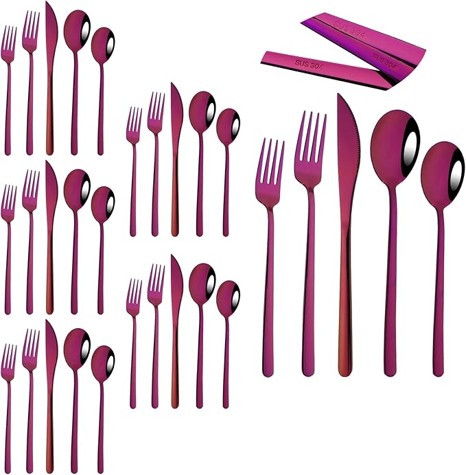30pcs Korean Style Silverware Set Reusable Metal SUS304 Stainless Steel Fork Spoon Set Metal Portable Flatware Set Utensils Dishwasher Safe Mirror - Purple
