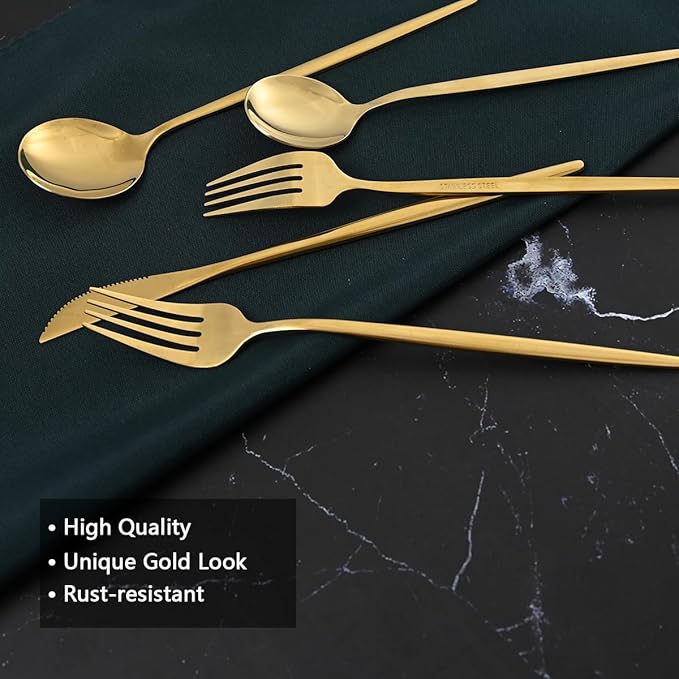 20-Piece Gold Silverware Set for 4, Titanium Golden Stainless Steel Flatware Set, Golden Cutlery Set for Home and Restaurant, Daily Utensil, Mirror Polished, Dishwasher Safe, Serving for 4