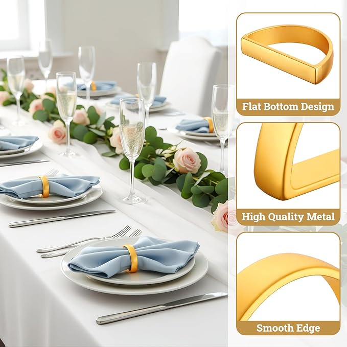 Suream Stainless Steel Napkin Rings, 12PCS Matte Gold Semicircle Napkin Ring Holders, Modern Serviette Buckles for Table Banquet Dinner Party Wedding Decoration