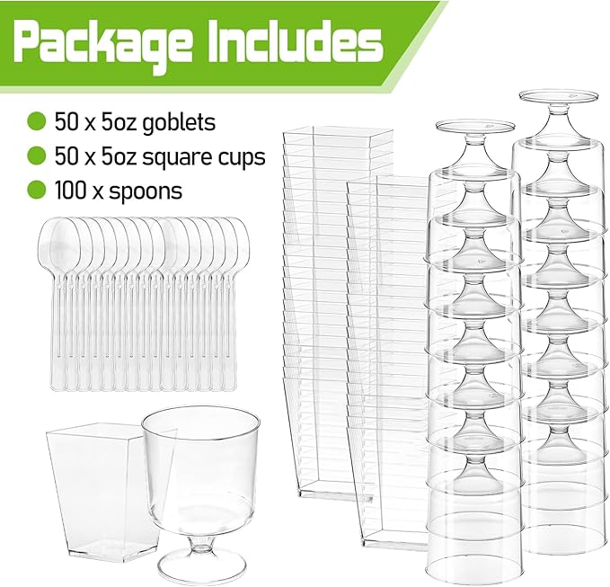 200 Pack 5 oz Plastic Dessert Cups with Spoons, Disposable Goblet Parfait Pudding Jello Shooter Cups for Party Serving, Clear Ice Cream Bowls for Fruit Trifle Yogurt Mousse Appetizer Snack Nuts