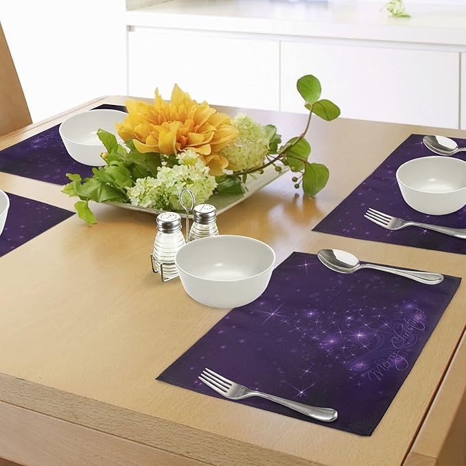 Ambesonne Dark Purple Place Mats Set of 4, Merry Christmas Calligraphy Under a Xmas Tree Illustration Vibrant and Romantic, Washable Fabric Placemats for Dining Table, Standard Size, Fuchsia