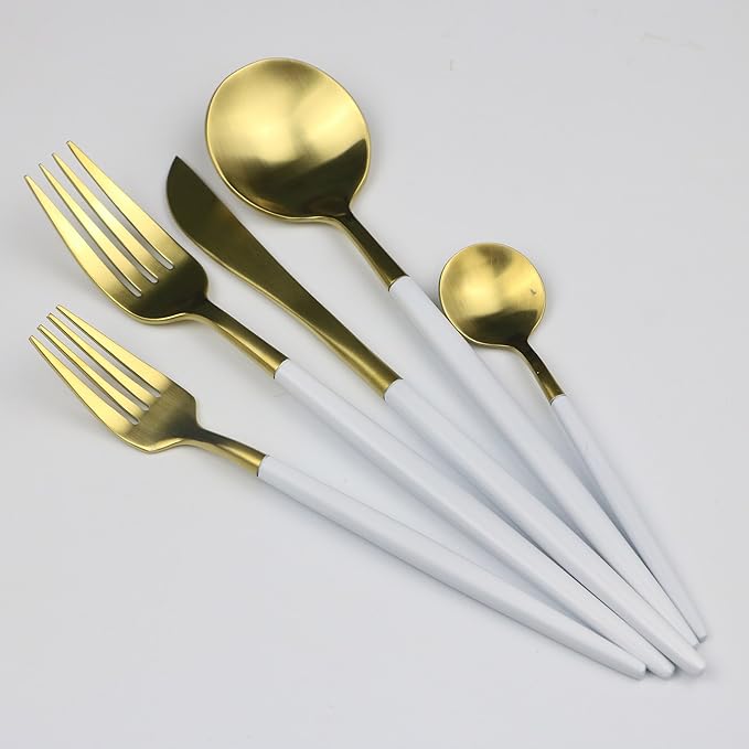 5-Piece 18/10 Stainless Steel Flatware Set, Serive for 1, With Fork Spoons Knife Teaspoon Dessert Fork for Home Kitchen Restaurant Hotel (White + Gold)