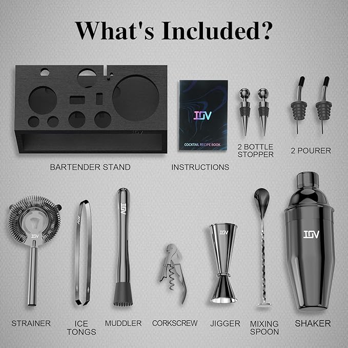 IOV Mixology Bartender Kit With Stand | 12-Piece Cocktail Shaker Set | 24oz Martini Shaker Set For Drink Mixing | Bar Set Includes All Bar Tools And Recipe Booklet | Fun Housewarming Gift (Black)