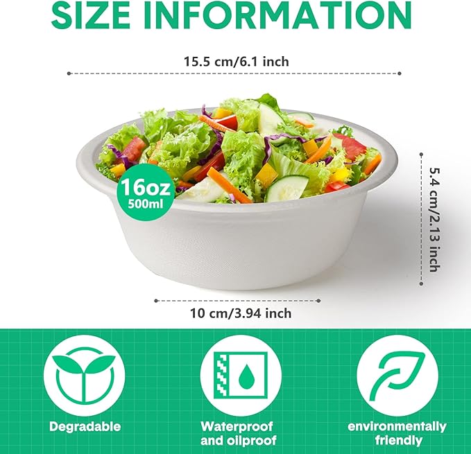 300 Pack Disposable Paper Bowls Quality White Bowls Small Sugar Cane Fibers Party for Ice Cream Fruits Salad Soup Hot or Cold Use Catering Picnics Camping and Restaurant Supplies(16 oz)
