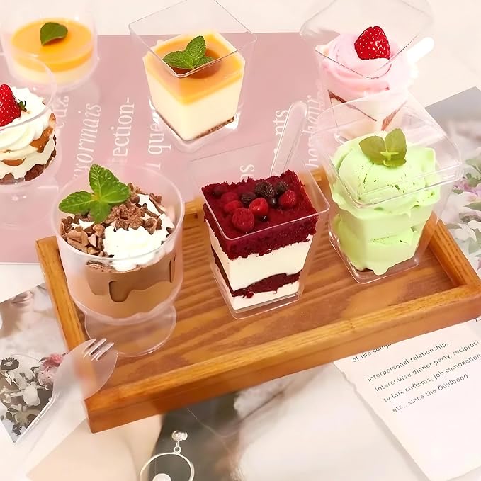 5 oz Dessert Cups with Lids and Spoons, 250 Pack Mini Transparent Appetizer Cups, Square Dessert Shooters Round Goblet Cups for Parfait Fruit Ice Cream Cake