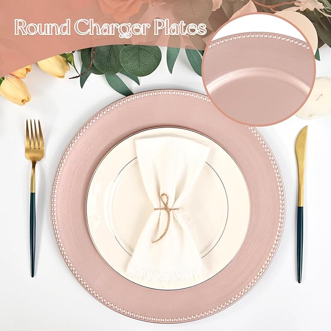 fani 50 Pcs Rose Gold Charger Plates Bulk, 13'' Round Beaded Dinner Charger Plates, Plastic Reusable Vintage Table Decoration for Wedding, Party, Reception, Event, Holiday Supplies