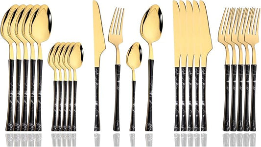 JASHII 24pcs Stainless Steel Marble Texture Handle Cutlery Set, Knife Fork Tea Spoon Silverware Kitchen, Silver Flatware Set for 6, Mirror Polished Small Waist Handle - Black&Gold