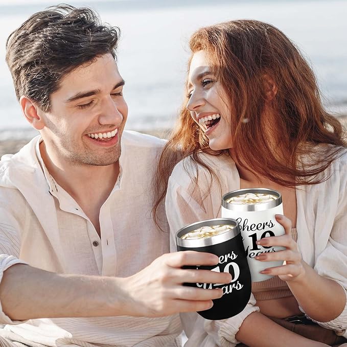 10th Anniversary Wedding Gifts for Couple Wife Husband Gifts for Tin Wedding Ten Years Anniversary Decorations 10 Years Marriage Gifts for Couple 2 Pack Wine Tumbler 12 OZ