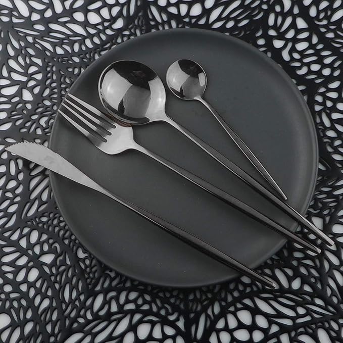 Mirror Polished Black Silverware Set, 24-Piece 304 Stainless Steel Satin Finish Flatware, Kitchen Utensil Tableware Cutlery for Home and Restaurant, Dishwasher Safe Service for 6