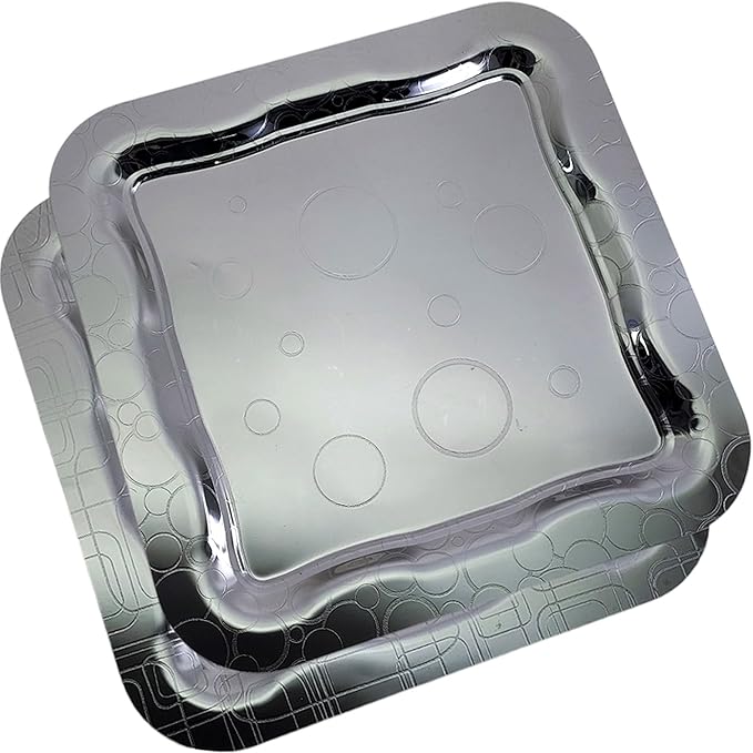 (Pack of 2) 13.4 inch x 13.4 inch Square Chrome Plated Silver Serving Tray Stylish Design Floral Line Bubble Engraved Edge Decorative Birthday Dessert Buffet Platter Plate NC-007