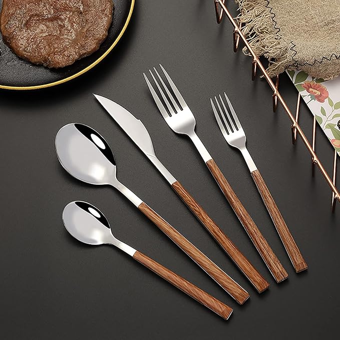 Stainless Steel Dinner Cutlery Set Elegant Flatware Serving Utensils 5 Pieces for Family Gatherings Wedding Picnics, Solid Stainless Steel (Wood Grain Handle)