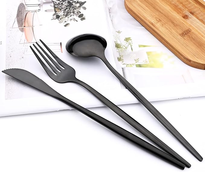 30Pcs Black Simplicity Mirror Finished Cutlery Set, 18/0 Stainless Steel Daily Use Silverware Kitchen Home Restaurant Party Dessert Flatware Set Include Knife/Fork/Spoon, Service For 6