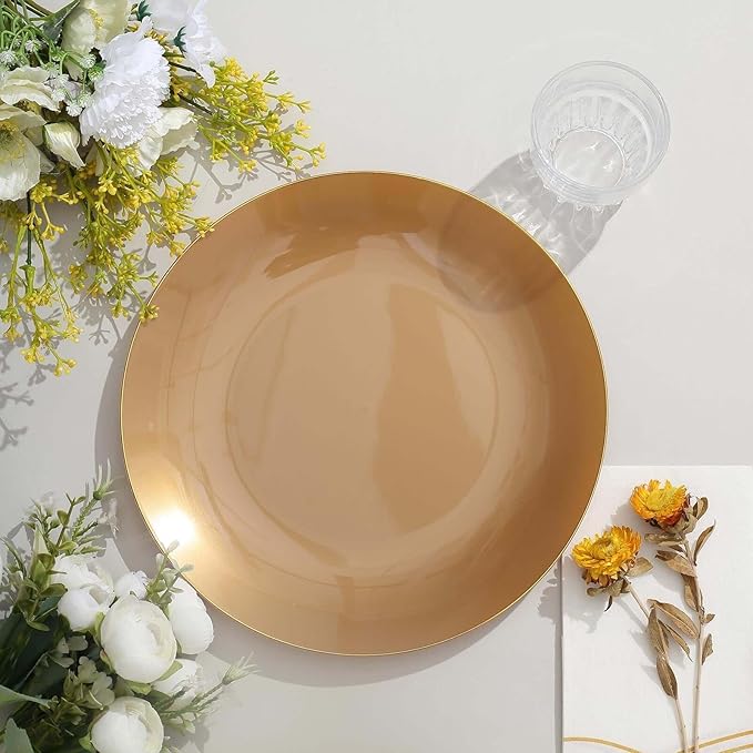Efavormart 10 Pack | 10" Gold Round Plastic Dinner Plates With Gold Rim, Disposable Party Plates
