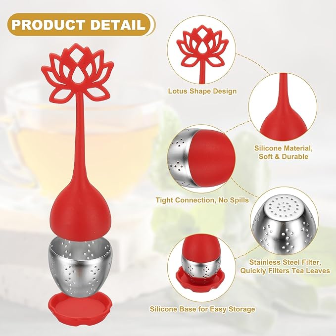 uxcell 2 Pcs Lotus Tea Infuser, Stainless Steel Loose Leaf Tea Steeper Filter with Silicone Handle Reusable Coarse Pores Mesh Strainer Diffuser for Teacups Teapots Mugs, Red