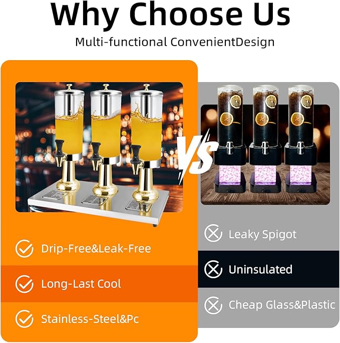 1 Gallon Commercial Beverage Dispenser with Centre Ice Core and Stand Drip Trays Stainless Steel Cold Drink Dispenser for Parties Pub Cafeteria Restaurant Home Hotel (gold, three head)