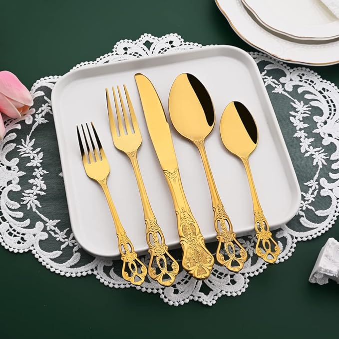 Gold Flatware Set For 4, 20 Pieces 18/0 Stainless Steel Silverware Set, Cutlery Utensils Set Include Knives/Forks/Spoons, Antique Baroque Style & Luxury Mirror Polished