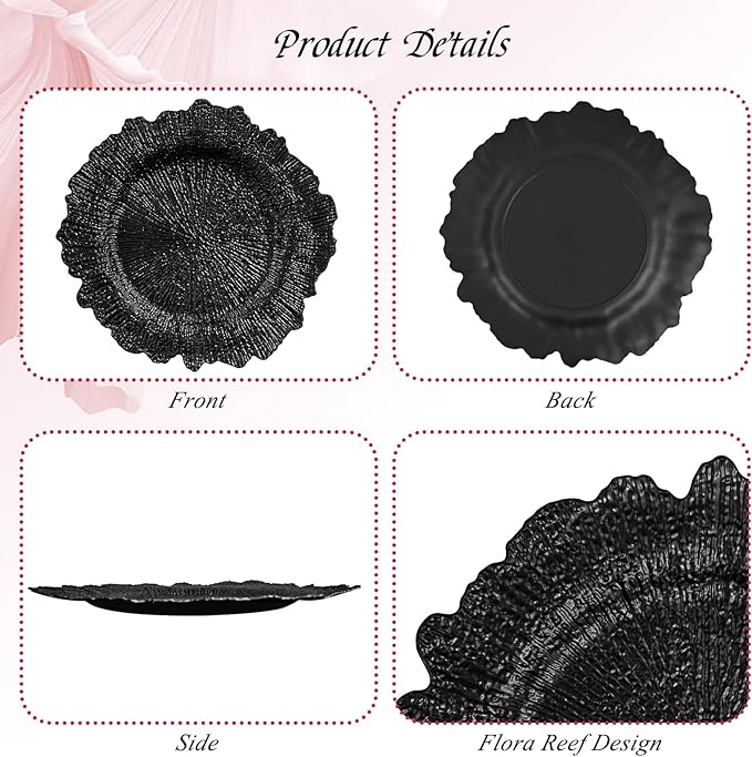 24 Pack Black Charger Plates Bulk, 13" Plastic Reef Chargers for Dinner Plates, Round Charger Plate with Floral Reef Design for Dinner Wedding Party Table Setting Decoration