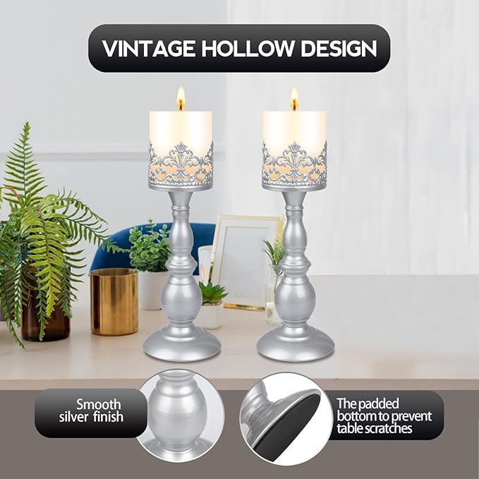 Candle Holders for Pillar Candles Gothic Matte Black Vintage Tall Candle Holders Set of 2 Decorative Large Table Centerpieces Candle Stand Decor (Pearl Silver 2PCS A)