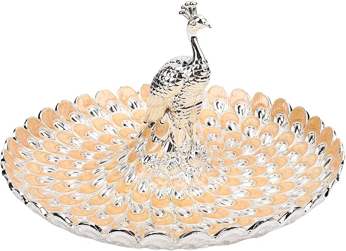 Zerodis Decorative Peacock Serving Tray, Zinc Alloy Fruit Platter, Elegant Storage Centerpiece for Home Kitchen Table, Snacks Cookies Display (Silver Orange)