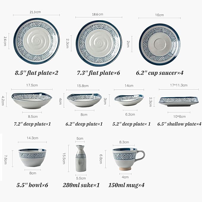 Dinnerware Set Dinner Party Tableware Service Set Porcelain Dinnerware Sets, 28 Pieces Ceramics Dinner Combination Set | Blue and White Lines Cereals Bowls and Steak Plates Sets