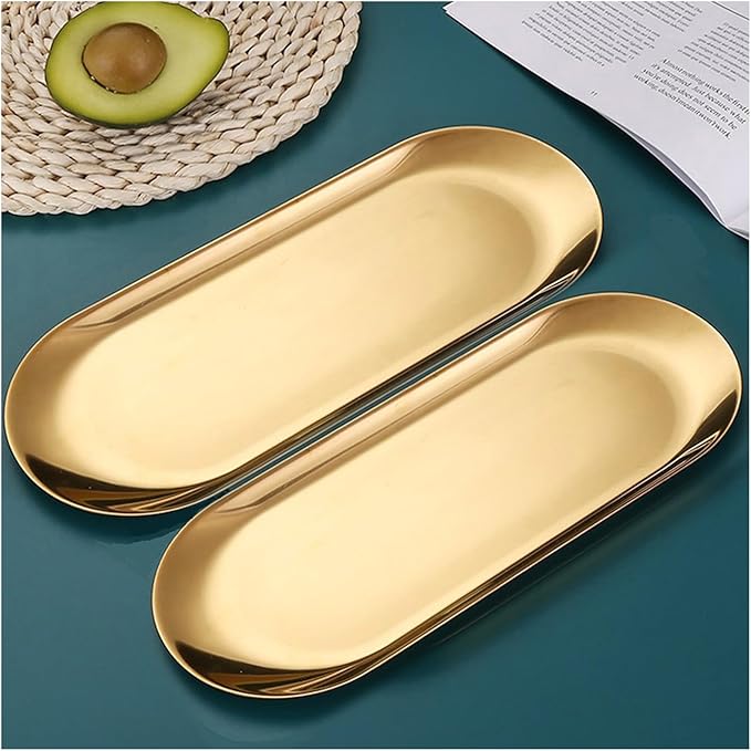 [2pk] Gold Decorative Tray, Perfume Bathroom Jewelry Vanity Mirror Candle Trinket Towel Pallet, Small Metal Stainless Steel Tray, Oval,XXL 12 x 4.7 x 0.5 in