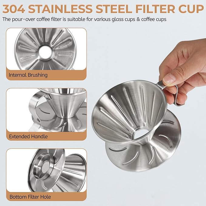 Uncoated Pour Over Coffee Maker 600ml Milk Frothing Pitcher 304 Thickened Stainless Steel Drip Coffeemaker Set with 50pcs V60 Cone Paper Filters Hand Brew Dripper Carafe for Home Camping Travel 20oz